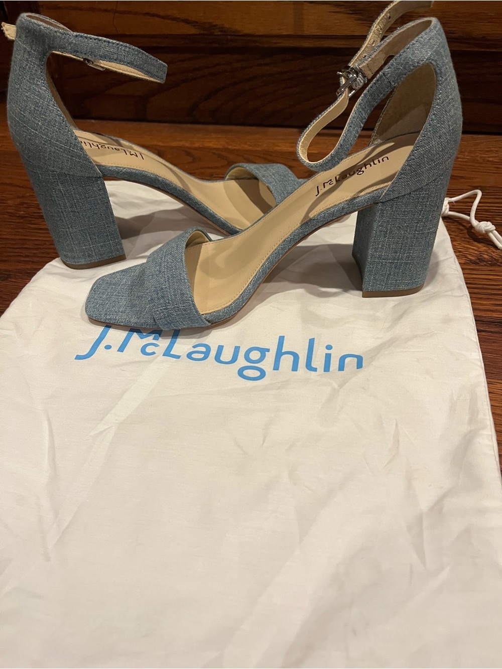 J. McLaughlin Esme Chambray Denim Block Heel Sandals with Ankle Strap
